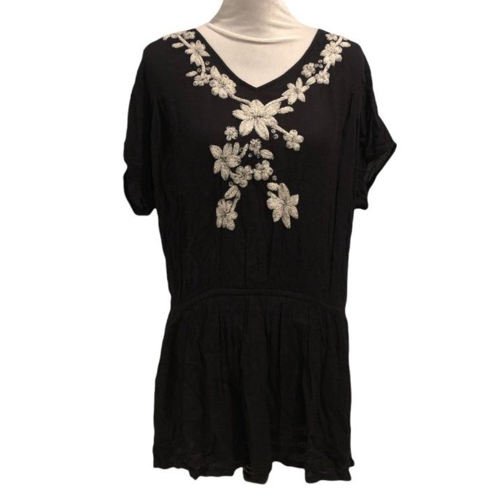 Embroidered Empire Tunic Dress Black Medium Cutout Floral Embroidery Rayon